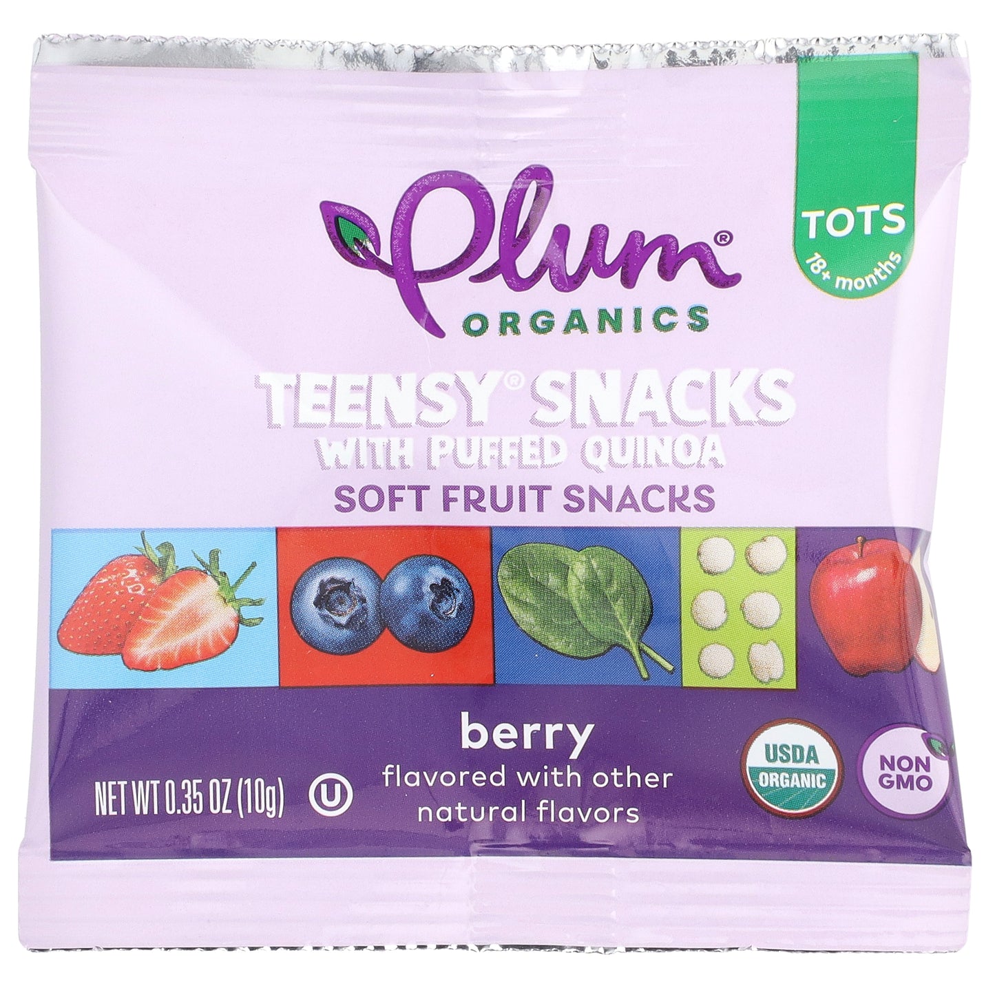 Plum Organics, Teensy Snacks with Puffed Quinoa, Soft Fruit Snacks, 18+ Months, Berry, 5 Packs, 0.35 oz (10 g) Each