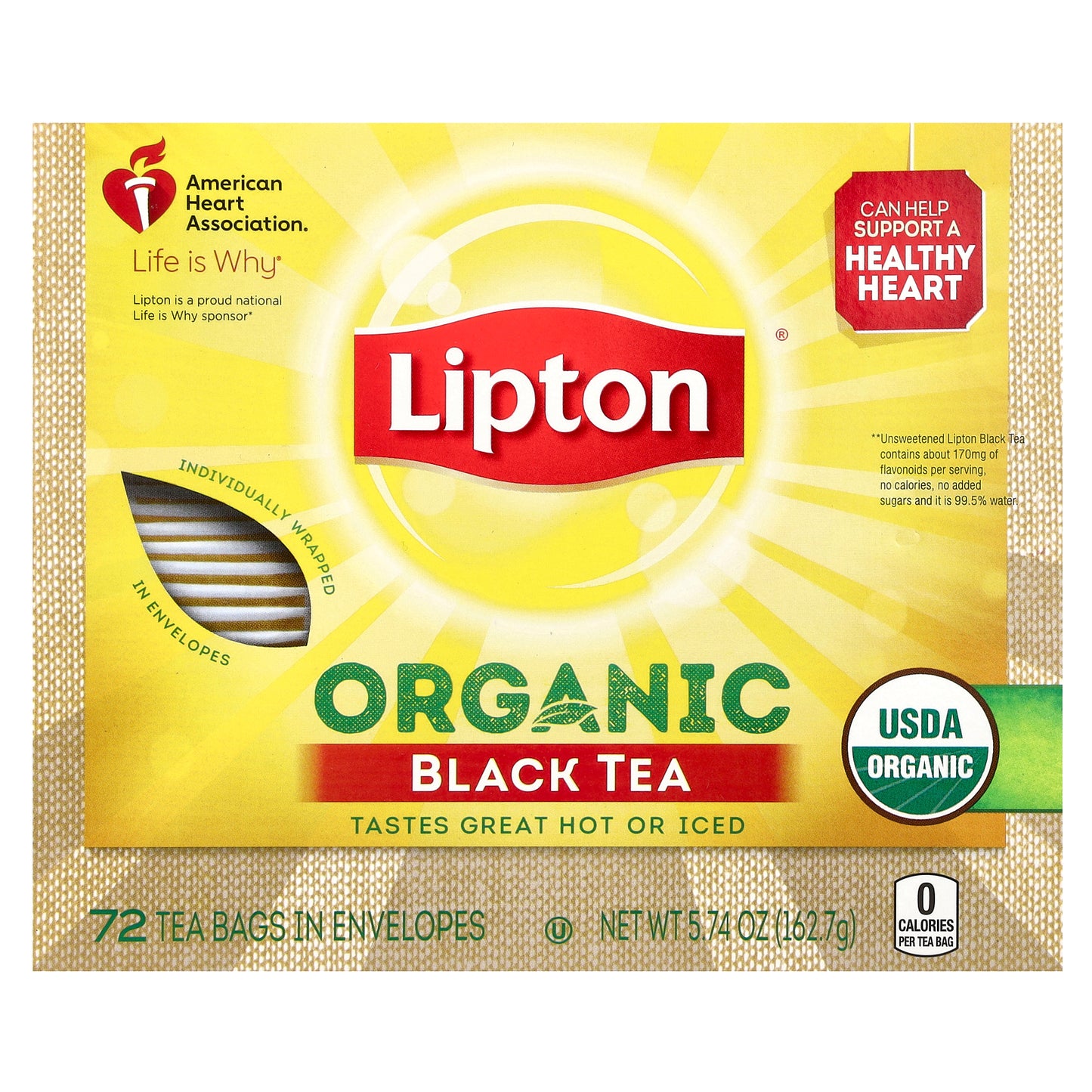 Lipton, Organic Black Tea , 72 Tea Bags in Envelopes, 5.74 oz (162.7 g)