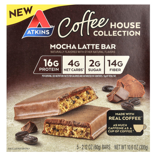 Atkins, Coffee House Collection, Mocha Latte Bar, 5 Bars, 2.12 oz (60 g) Each