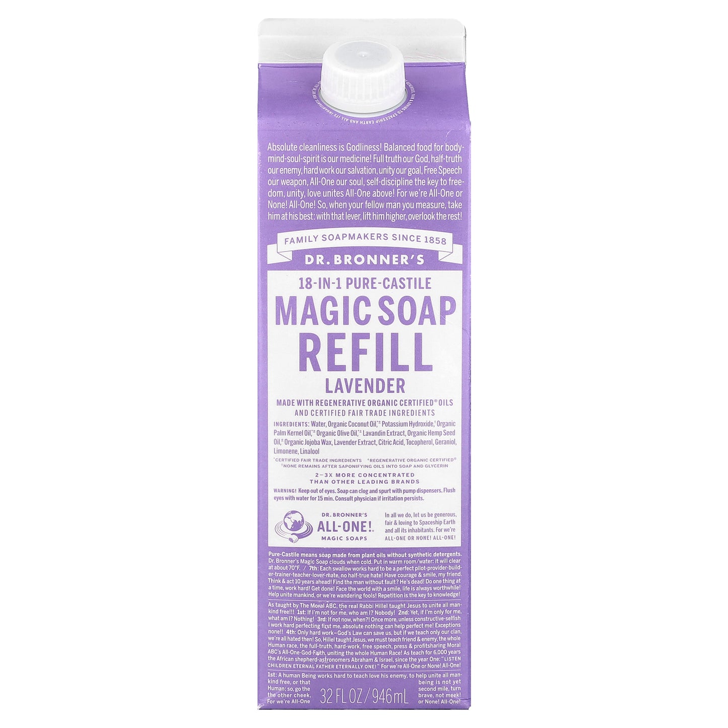 Dr. Bronner's, 18-IN-1 Pure-Castile Magic Soap Refill Lavender, 32 fl oz