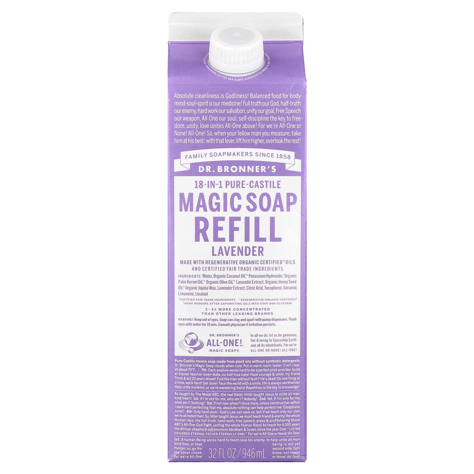 Dr. Bronner's, 18-IN-1 Pure-Castile Magic Soap Refill Lavender, 32 fl oz