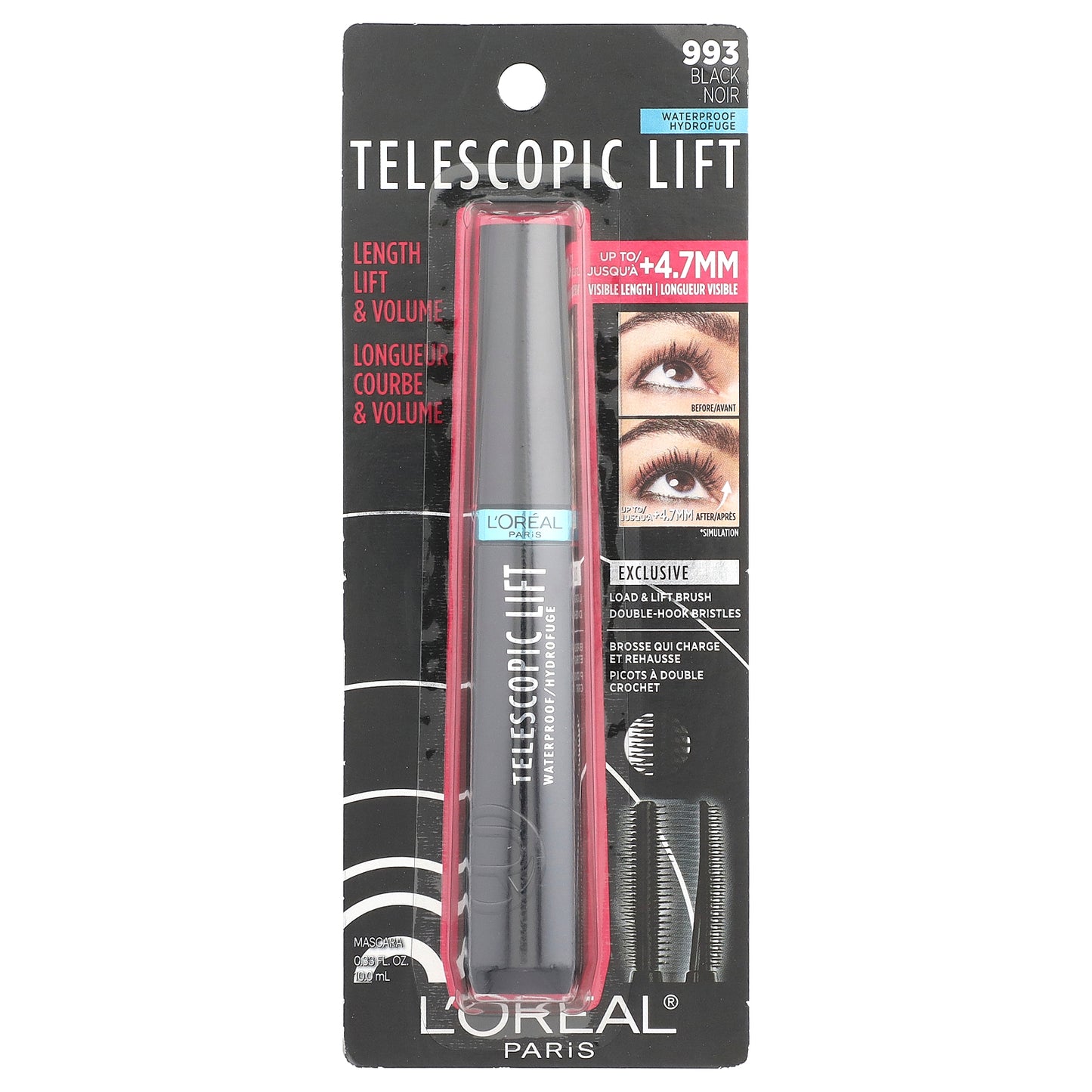 L'Oréal, Telescopic Lift, Waterproof Mascara, 993 Black, 0.33 fl oz (10 ml)
