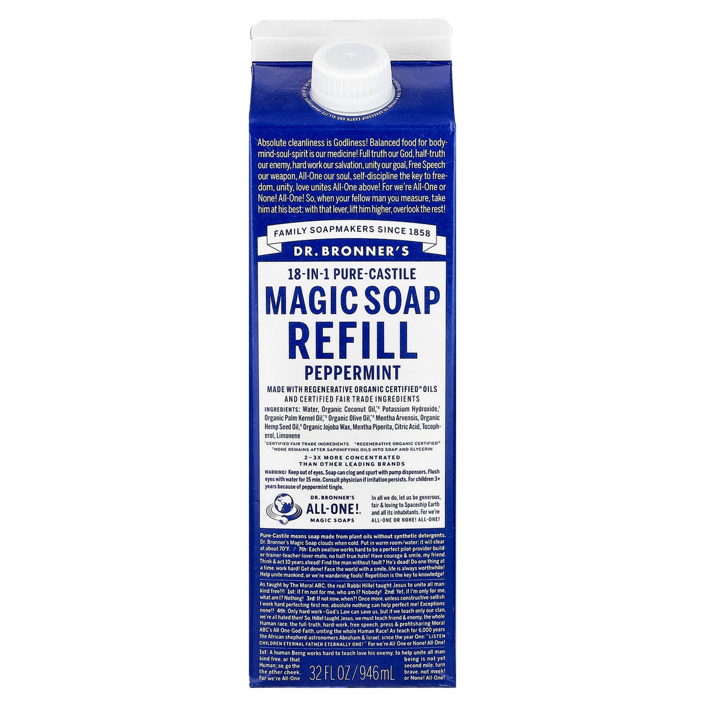 Dr. Bronner's, 18-IN-1 Pure-Castile Magic Soap Refill Peppermint, 32 fl oz
