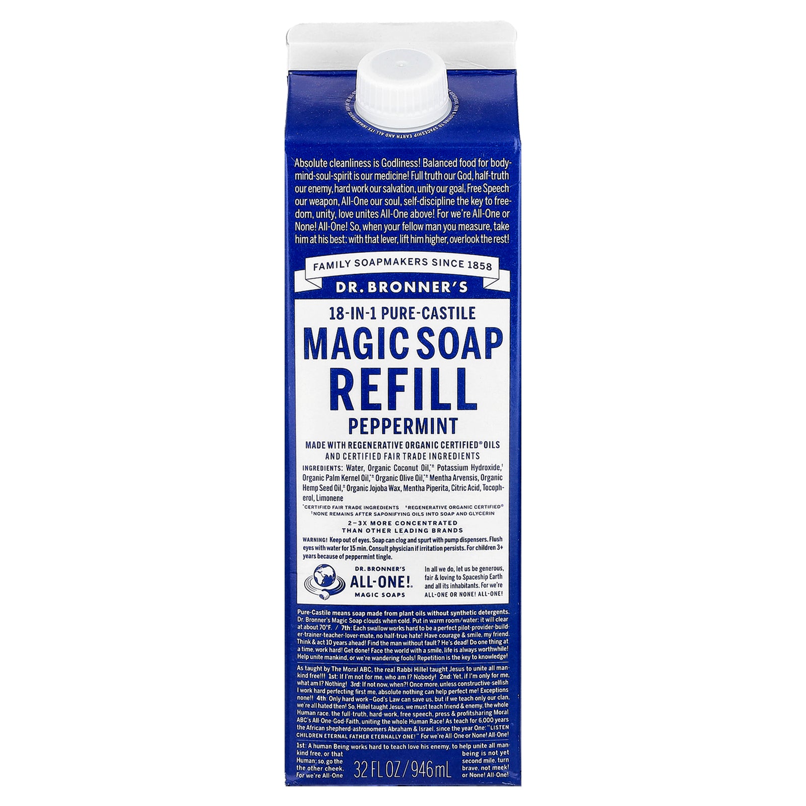 Dr. Bronner's, 18-IN-1 Pure-Castile Magic Soap Refill Peppermint, 32 fl oz