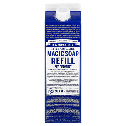 Dr. Bronner's, 18-IN-1 Pure-Castile Magic Soap Refill Peppermint, 32 fl oz