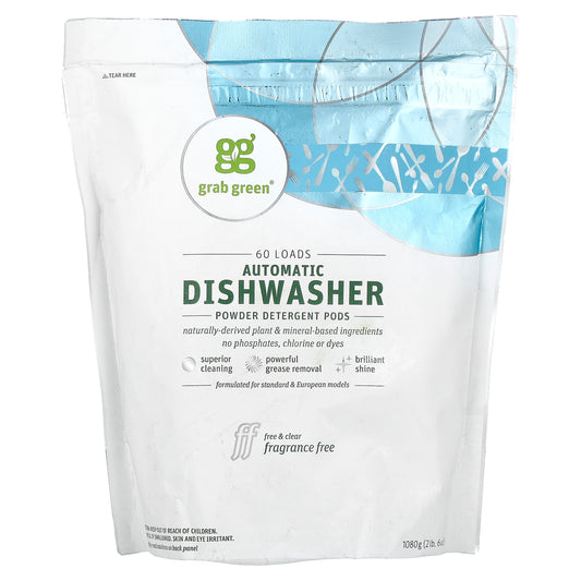 Grab Green, Automatic Dishwasher Powder Detergent Pods, Fragrance Free, 60 Loads, 2 lbs 6 oz (1,080 g)