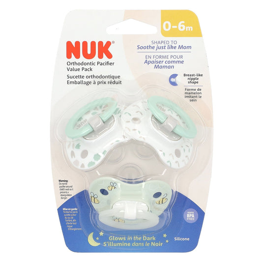 NUK, Glow in the Dark Orthodontic Pacifier, 0-6 Months, Green, 3 Pack