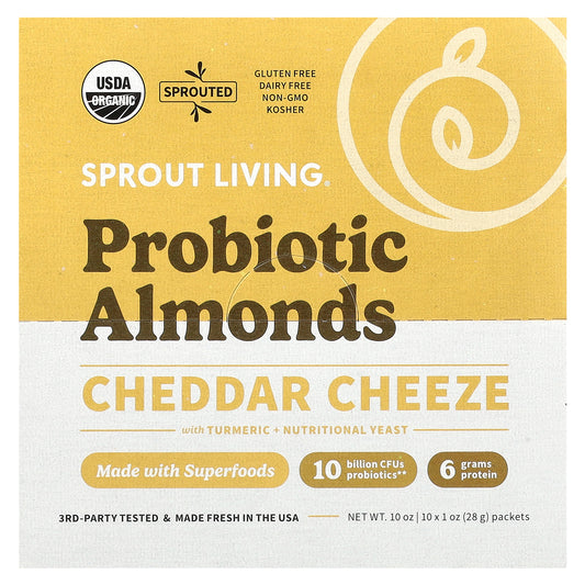 Sprout Living, Probiotic Almonds, Cheddar Cheeze, 10 Packets, 1 oz (28 g) Each