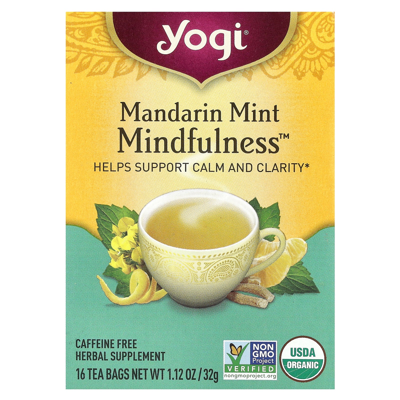 Yogi Tea, Mandarin Mint Mindfulness, Caffeine Free, 16 Tea Bags, 1.12 oz (32 g)