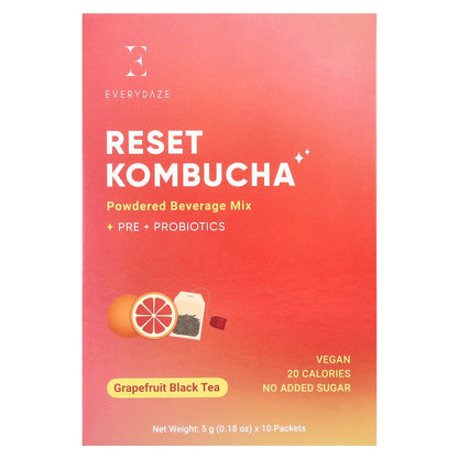 Everydaze, Reset Kombucha, Powdered Beverage Mix, Grapefruit Black Tea, 10 Packets, 0.18 oz (5 g) Each