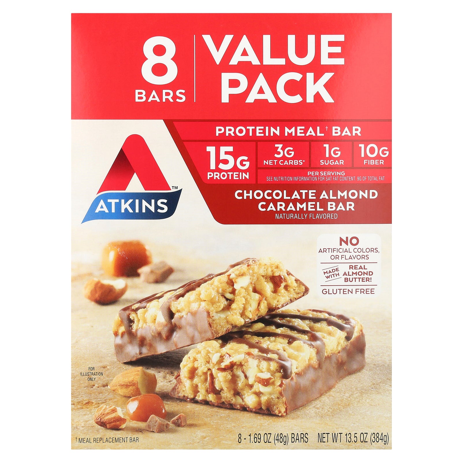 Atkins, Protein Meal Bar, Chocolate Almond Caramel , 8 Bars, 1.69 oz (48 g) Each