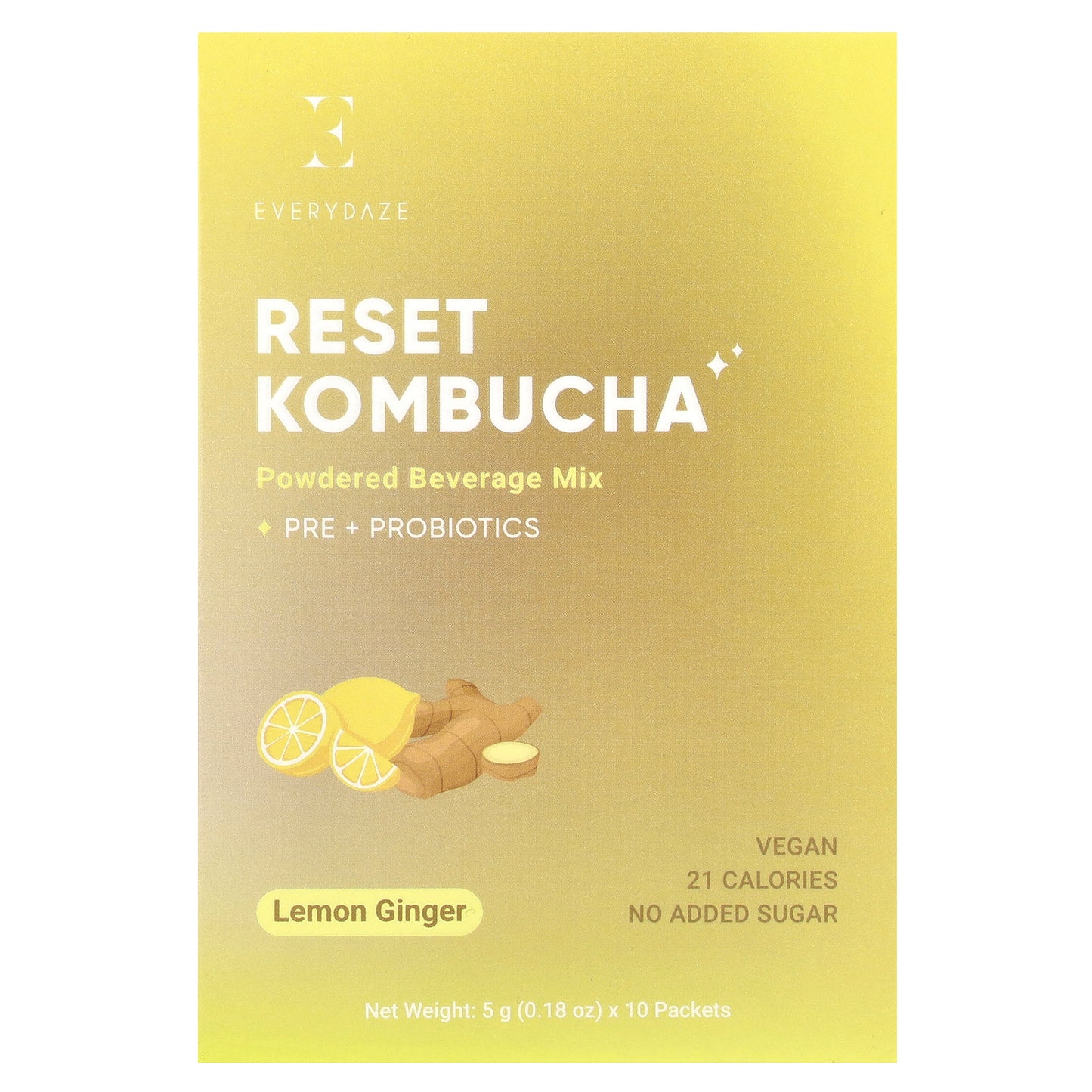 Everydaze, Reset Kombucha, Powdered Beverage Mix, Lemon Ginger, 10 Packets, 0.18 oz (5 g) Each