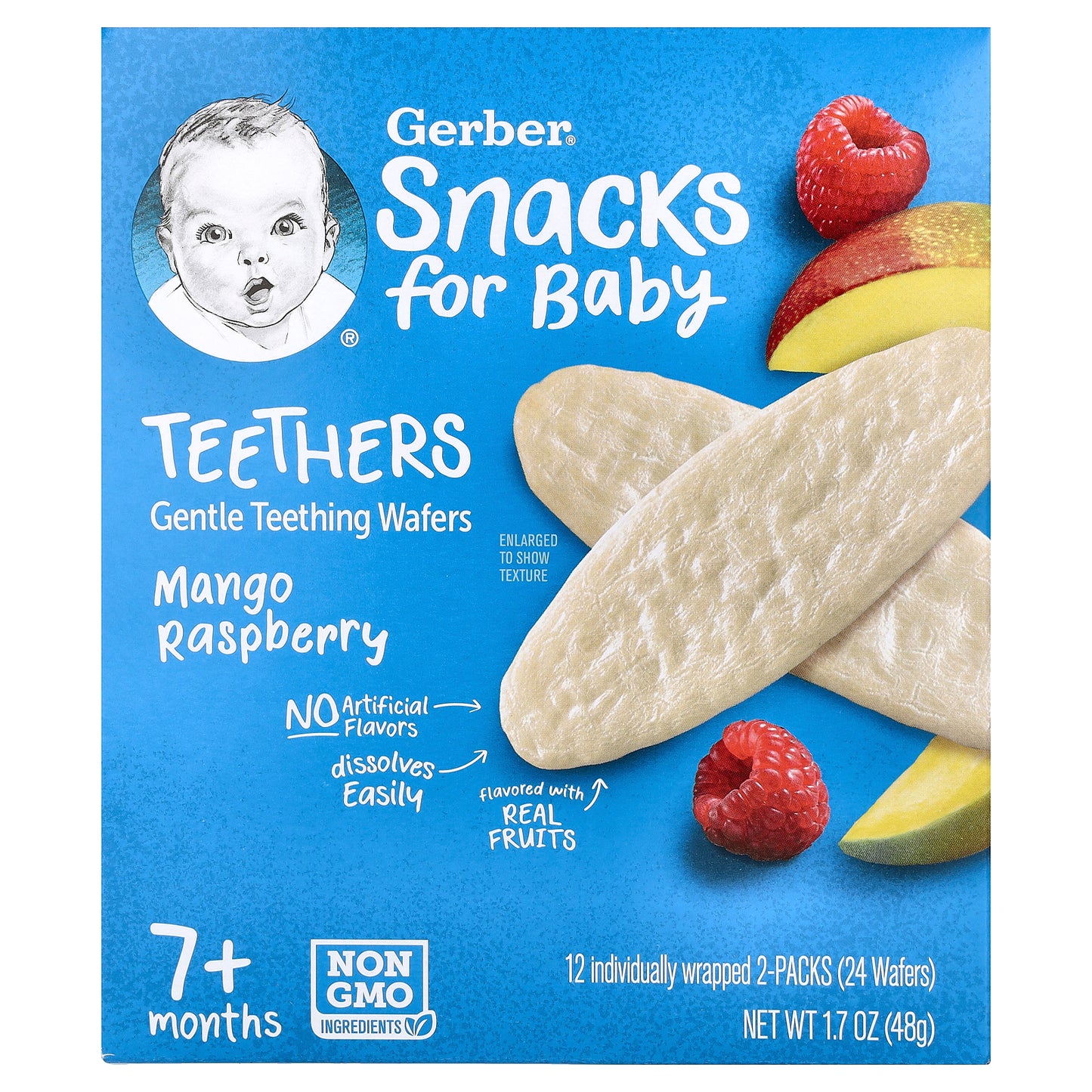 Gerber, Snacks for Baby, Teethers, Gentle Teething Wafers, 7+ Months, Mango Raspberry, 12 Individually Wrapped 2 Packs, 0.14 oz (4 g) Each
