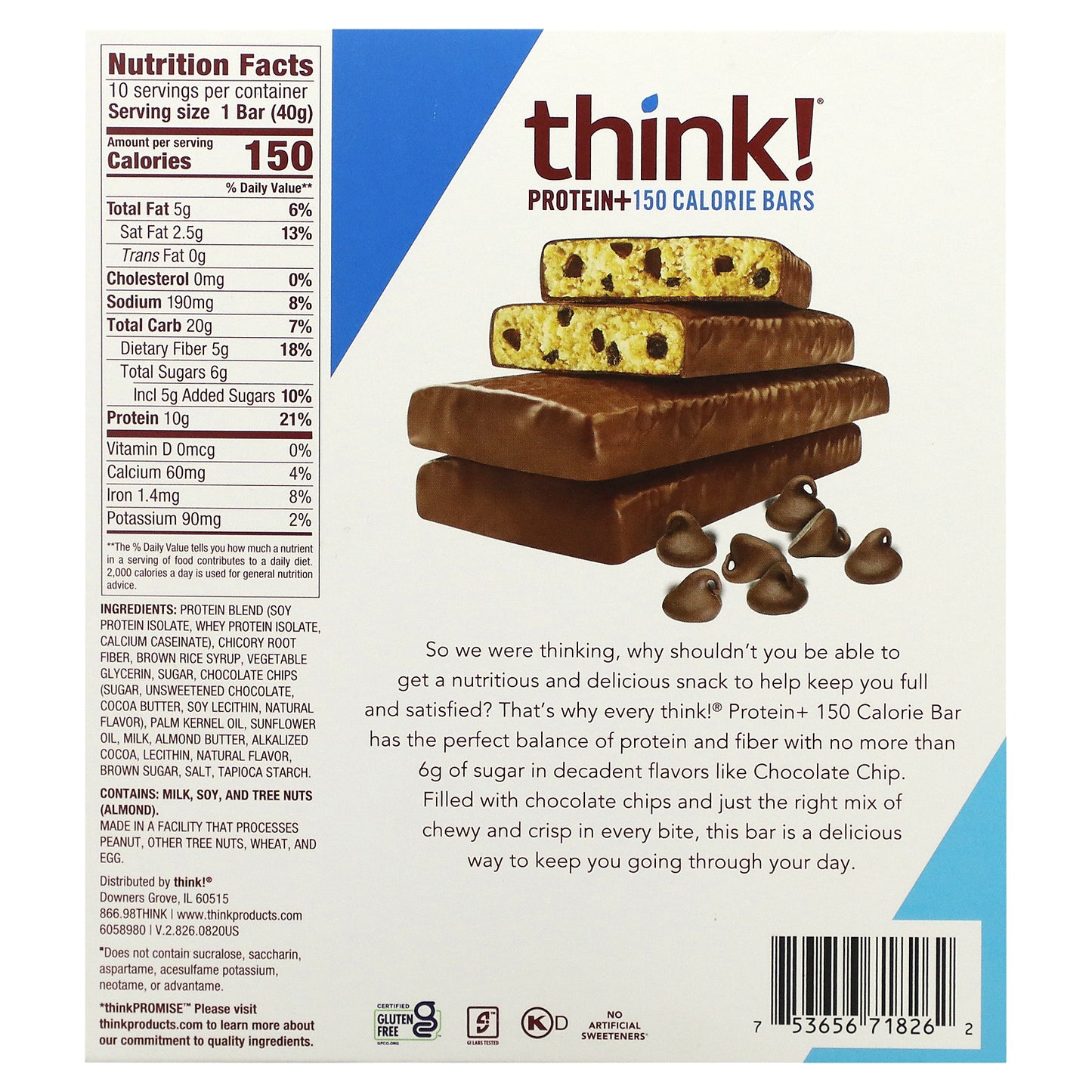 Think !, Protein+ 150 Calorie Bars, Chocolate Chip, 10 Bars, 1.41 oz (40 g) Each