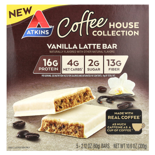 Atkins, Coffee House Collection, Vanilla Latte Bar, 5 Bars, 2.12 oz (60 g) Each