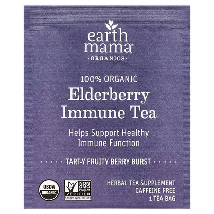 Earth Mama, Organics, 100% Organic Elderberry Immune Tea, Tart-Y Fruity Berry Burst, Caffeine Free, 16 Tea Bags, 0.98 oz (28 g)