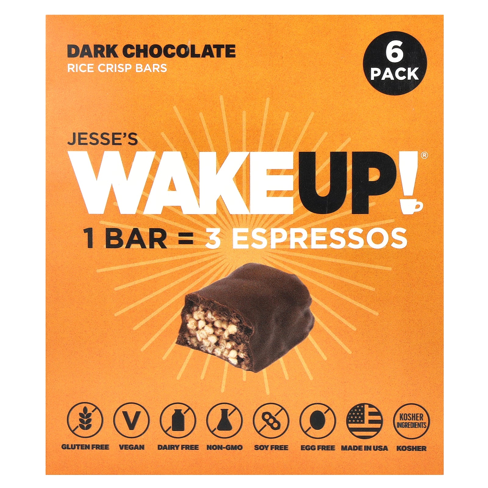 Jesse's WAKEUP!, Rice Crisp Bars, Dark Chocolate, 6 Pack, 1.13 oz (32 g)