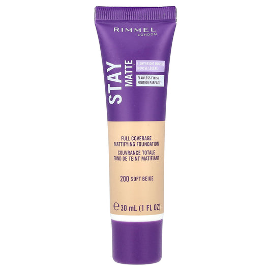 Rimmel London, Stay Matte, Full Coverage Mattifying Foundation, 200 Soft Beige, 1 fl oz (30 ml)