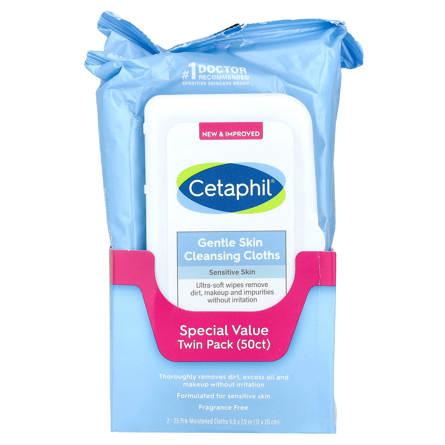 Cetaphil, Gentle Skin Cleansing Cloths, Fragrance Free, 2 Packs, 25 Pre-Moistened Cloths Each