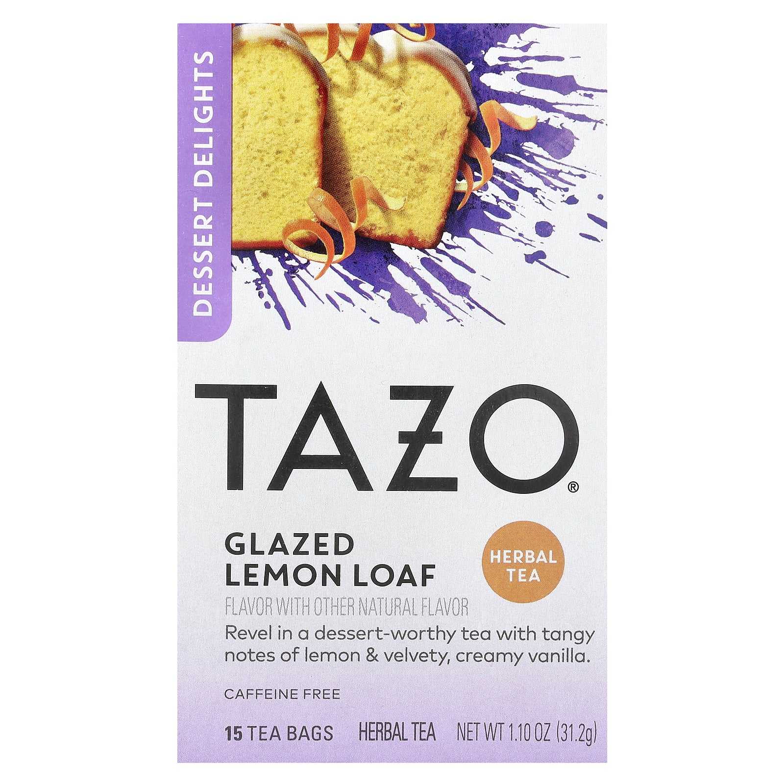 Tazo Teas, Dessert Delights, Herbal Tea, Glazed Lemon Loaf, Caffeine Free, 15 Tea Bags, 1.10 oz (31.2 g)