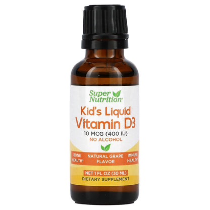 Super Nutrition, Kid’s Liquid Vitamin D3, No Alcohol, Grape, 10 mcg (400 IU), 1 fl oz (30 ml)