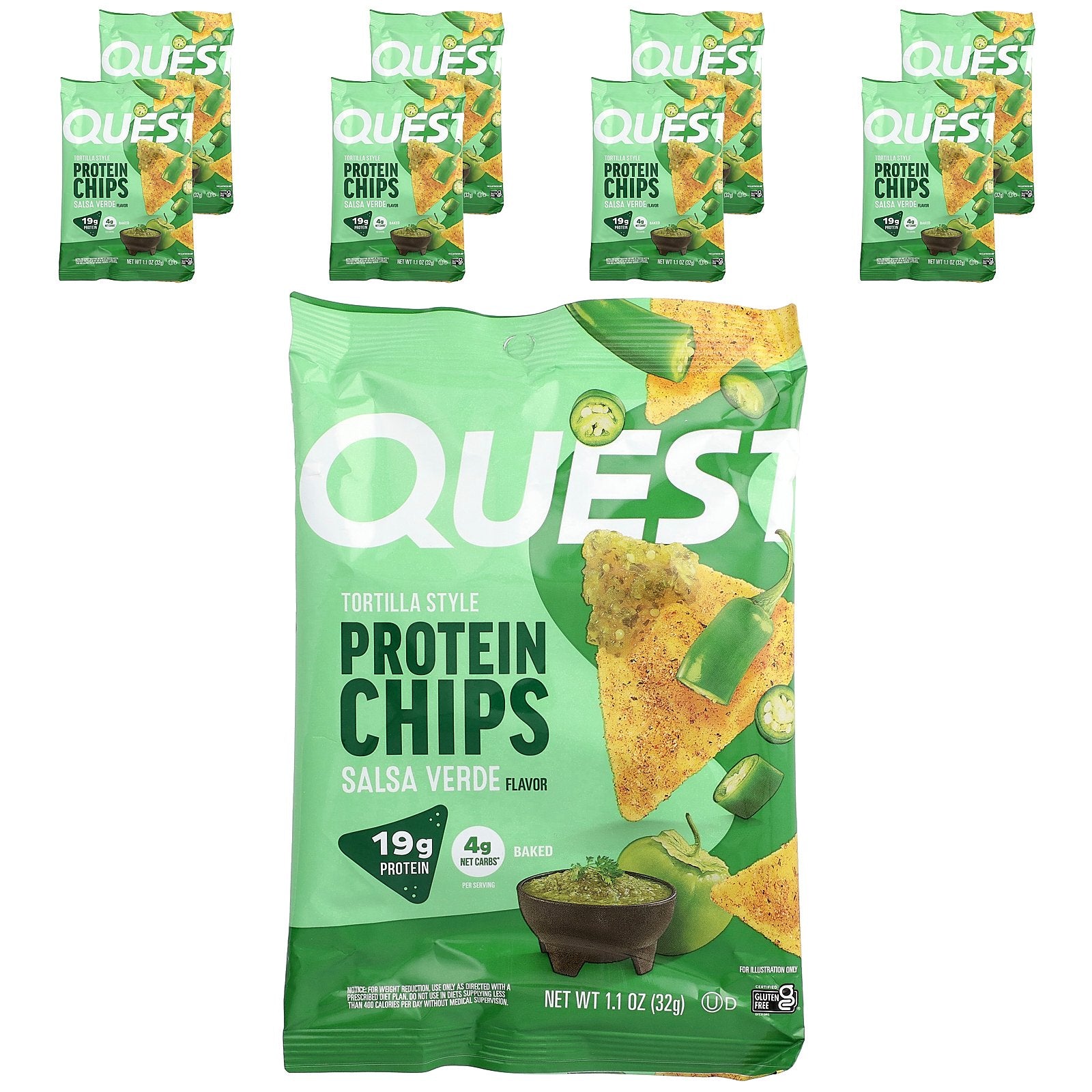 Quest Nutrition, Tortilla Style Protein Chips, Salsa Verde, 8 Bags, 1.1 oz (32 g) Each