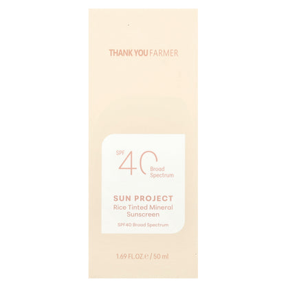 Thank You Farmer, Sun Project, Rice Tinted Mineral Sunscreen, SPF40, 1.69 fl oz (50 ml)