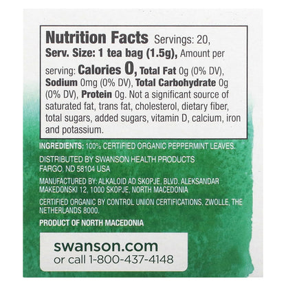 Swanson, 100% Organic Peppermint Tea, 20 Tea Bags, 1.05 oz (30 g)