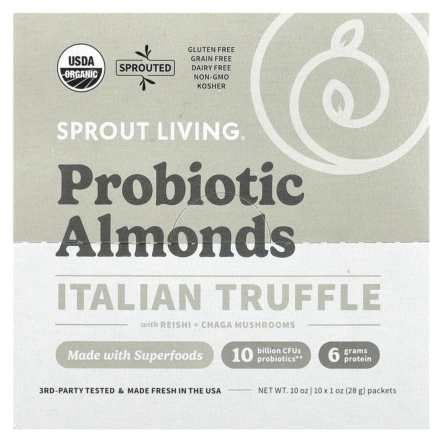 Sprout Living, Probiotic Almonds, Italian Truffle with Reishi + Chaga Mushrooms , 10 Packets, 1 oz (28 g) Each