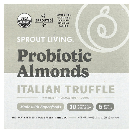 Sprout Living, Probiotic Almonds, Italian Truffle with Reishi + Chaga Mushrooms , 10 Packets, 1 oz (28 g) Each