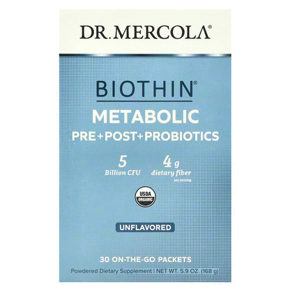 Dr. Mercola, Biothin®, Metabolic Pre+ Post + Probiotics, Unflavored, 5 Billion CFU, 30 On-The-Go Packets, 0.19 oz (5.6 g) Each