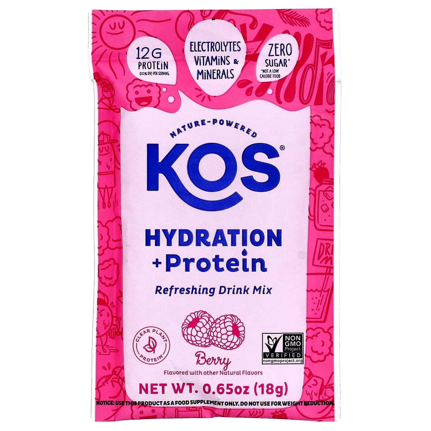 KOS, Hydration + Protein, Refreshing Drink Mix, Berry, 7 Packets, 0.65 oz (18 g) Each