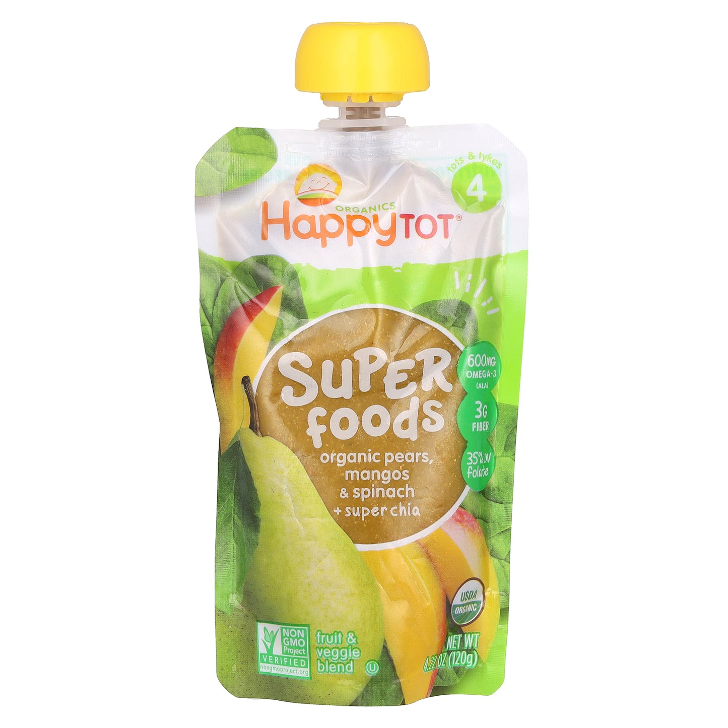 Happy Family Organics, HappyTot, SuperFoods, Stage 4, Organic Pears, Mangos & Spinach + Super Chia, 4.22 oz (120 g)