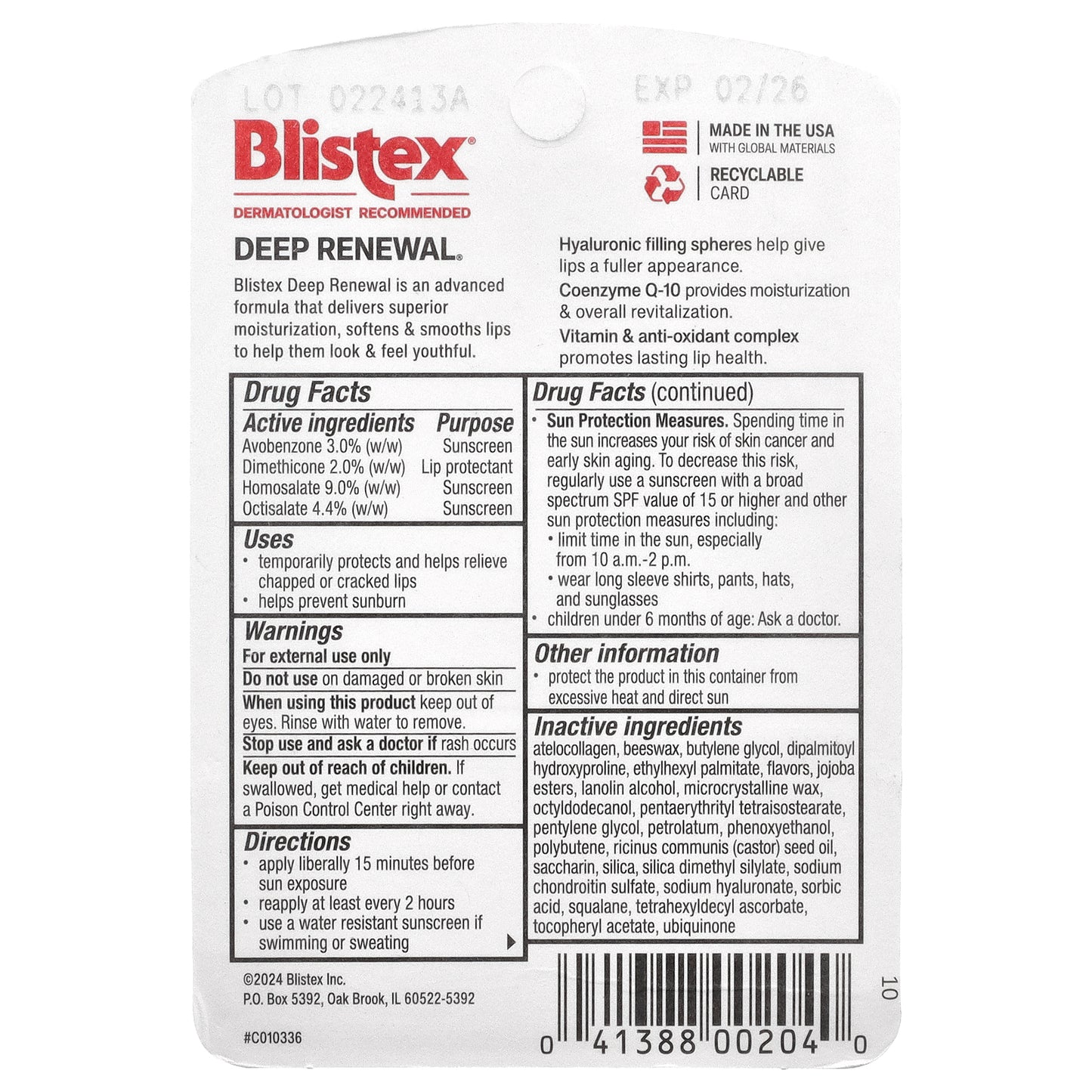 Blistex, Deep Renewal® Lip Protectant/Sunscreen, SPF 15, 0.13 oz (3.69 g)