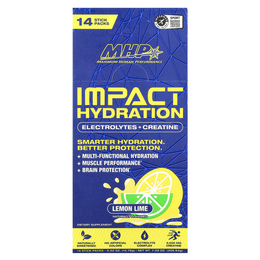 MHP, Impact Hydration, Electrolytes + Creatine, Lemon Lime , 14 Stick Packs, 0.52 oz (14.76 g) Each