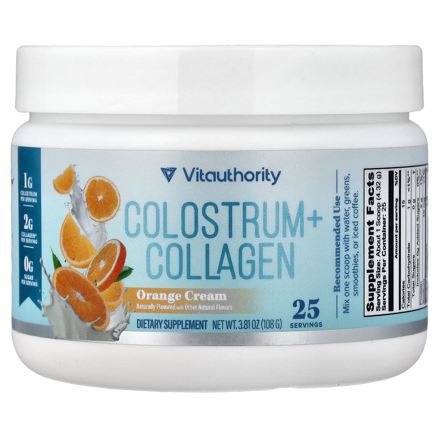 Vitauthority, Colostrum + Collagen, Orange Cream, 3.81 oz (108 g)
