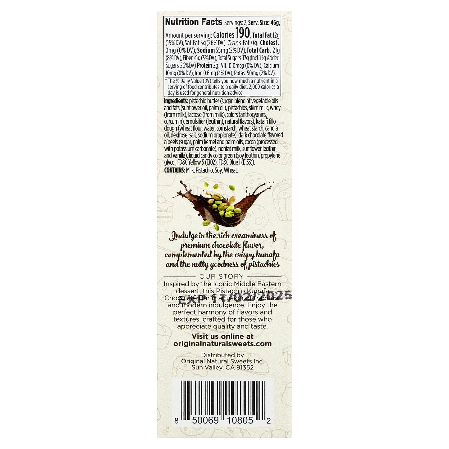 Original Natural Sweets, Dubai Dark Chocolate Bar, 3.2 oz (91 g)