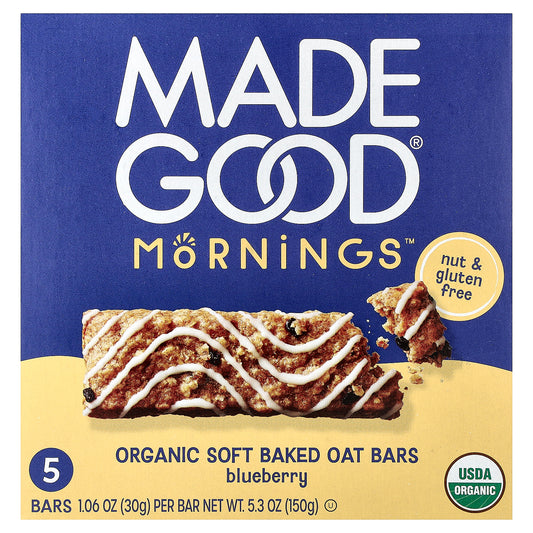 MadeGood, Mornings™, Organic Soft Baked Oat Bars, Blueberry, 5 Bars, 1.06 oz (30 g) Each
