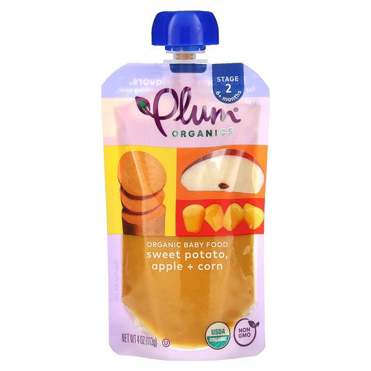 Plum Organics, Organic Baby Food, 6+ Months, Sweet Potato, Apple + Corn, 4 oz (113 g)