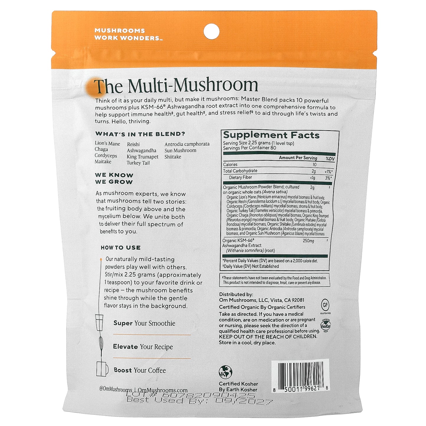 Om Mushrooms, Mushroom Powder, 10 Mushroom Complex, Master Blend + Ashwagandha, 6.34 oz (180 g)