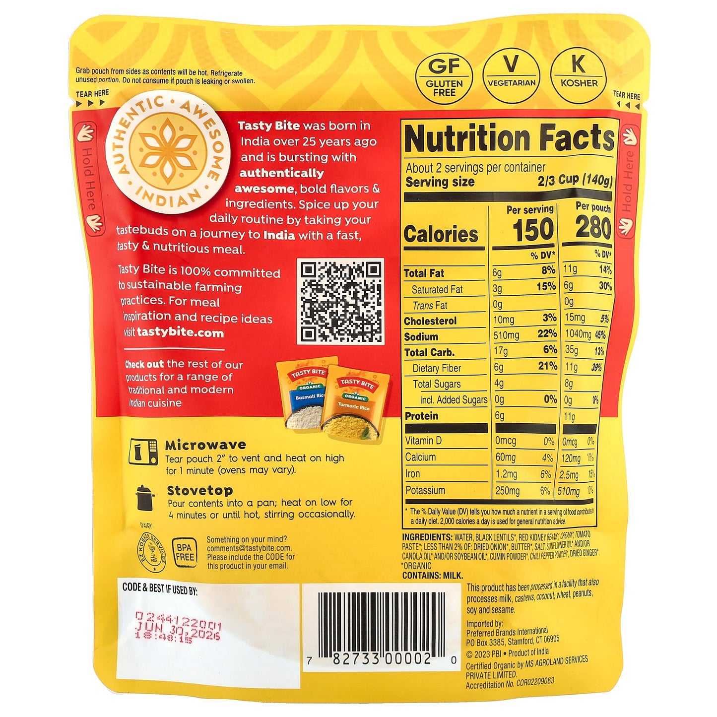 Tasty Bite, Organic Original Madras Lentils™, Mild, 10 oz (285 g)