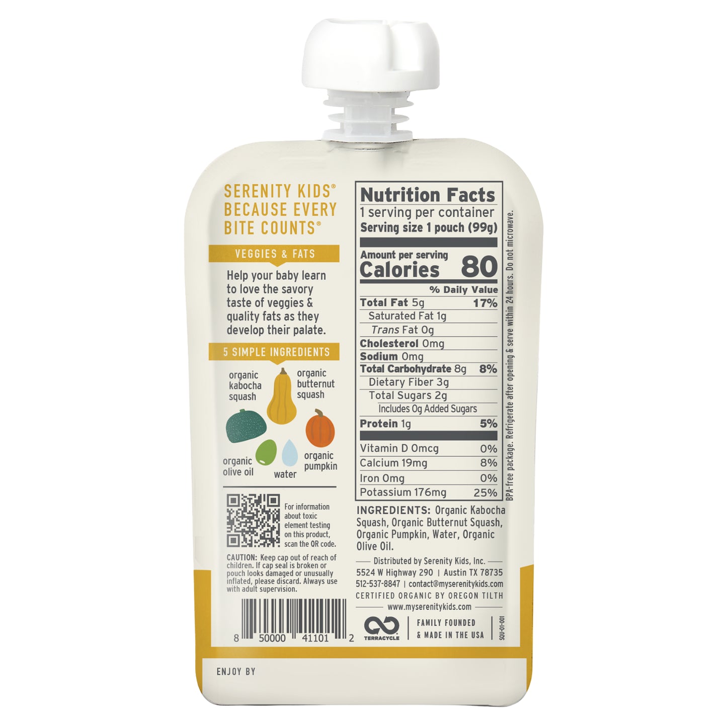 Serenity Kids, Organic Squashes, Kabocha Squash, Butternut, Pumpkin & Olive Oil, 6+ Months, 3.5 oz (99 g)