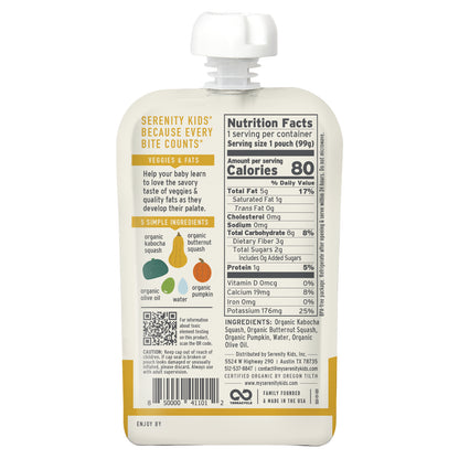 Serenity Kids, Organic Squashes, Kabocha Squash, Butternut, Pumpkin & Olive Oil, 6+ Months, 3.5 oz (99 g)