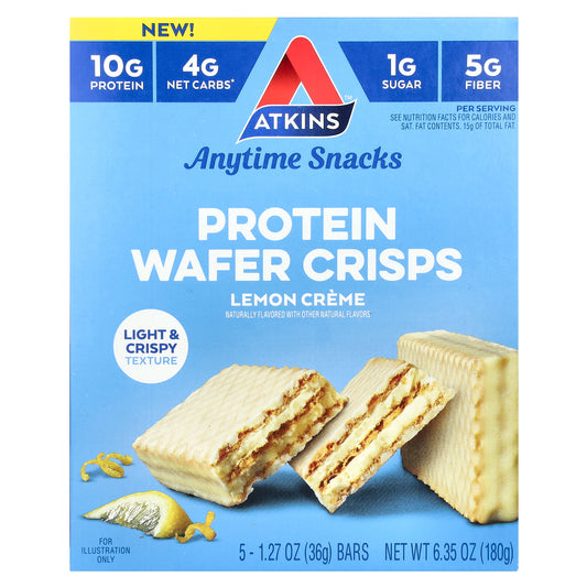 Atkins, Anytime Snacks, Protein Wafer Crisps, Lemon Creme, 5 Bars, 1.27 oz (36 g) Each