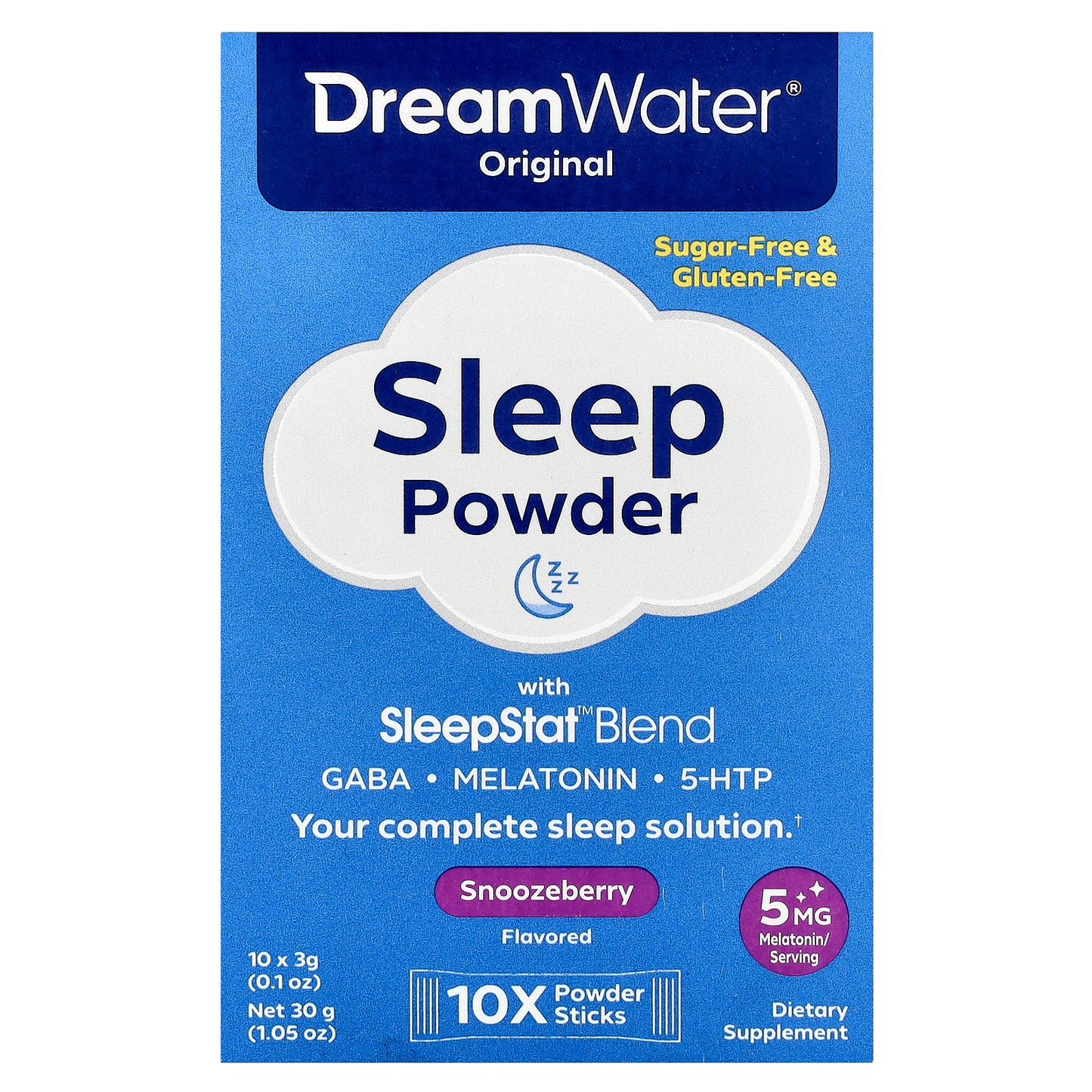 Dream Water, Original Sleep Powder with SleepStat™ Blend, Snoozeberry, 10 Stick Packs, 0.1 oz (3 g) Each
