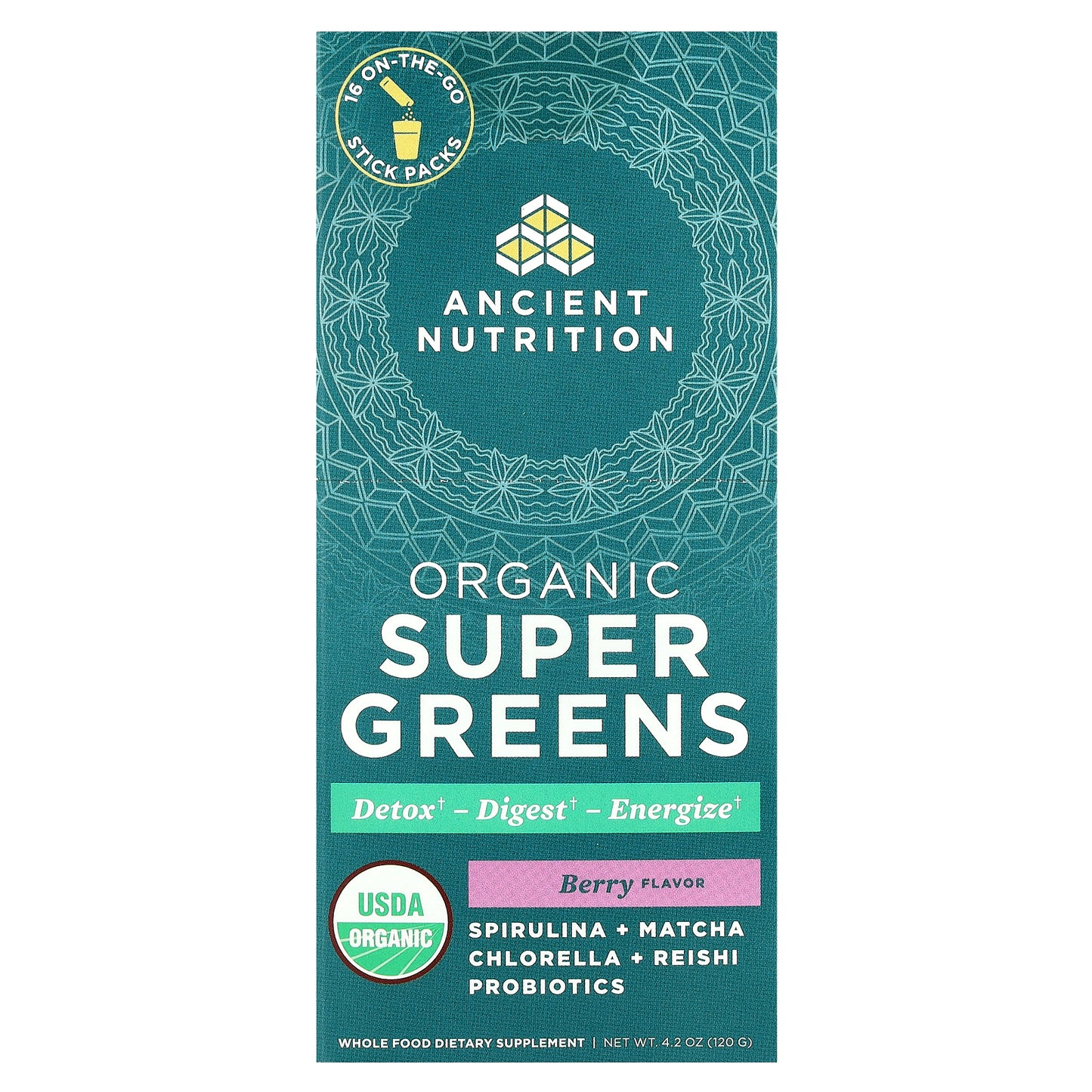 Ancient Nutrition, Organic Super Greens, Berry, 16 On-The-Go Stick Packs, 0.3 oz (7.5 g) Each