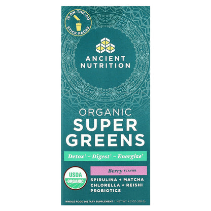 Ancient Nutrition, Organic Super Greens, Berry, 16 On-The-Go Stick Packs, 0.3 oz (7.5 g) Each