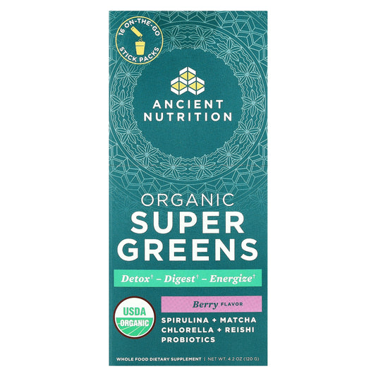 Ancient Nutrition, Organic Super Greens, Berry, 16 On-The-Go Stick Packs, 0.3 oz (7.5 g) Each