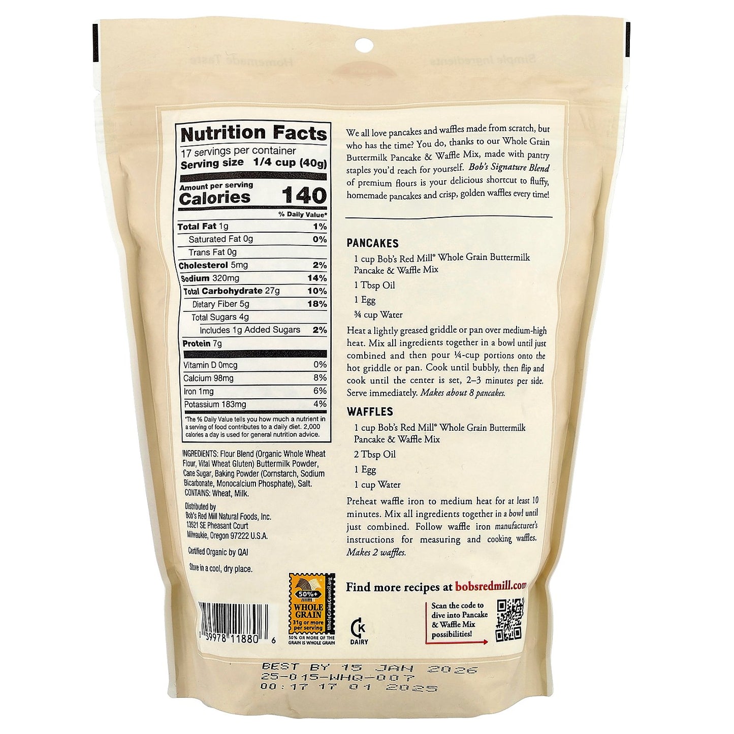 Bob's Red Mill, Buttermilk Pancake & Waffle Mix, Whole Grain, 24 oz (680 g)