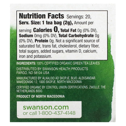 Swanson, 100% Organic Green Tea, 20 Tea Bags, 1.4 oz (40 g)